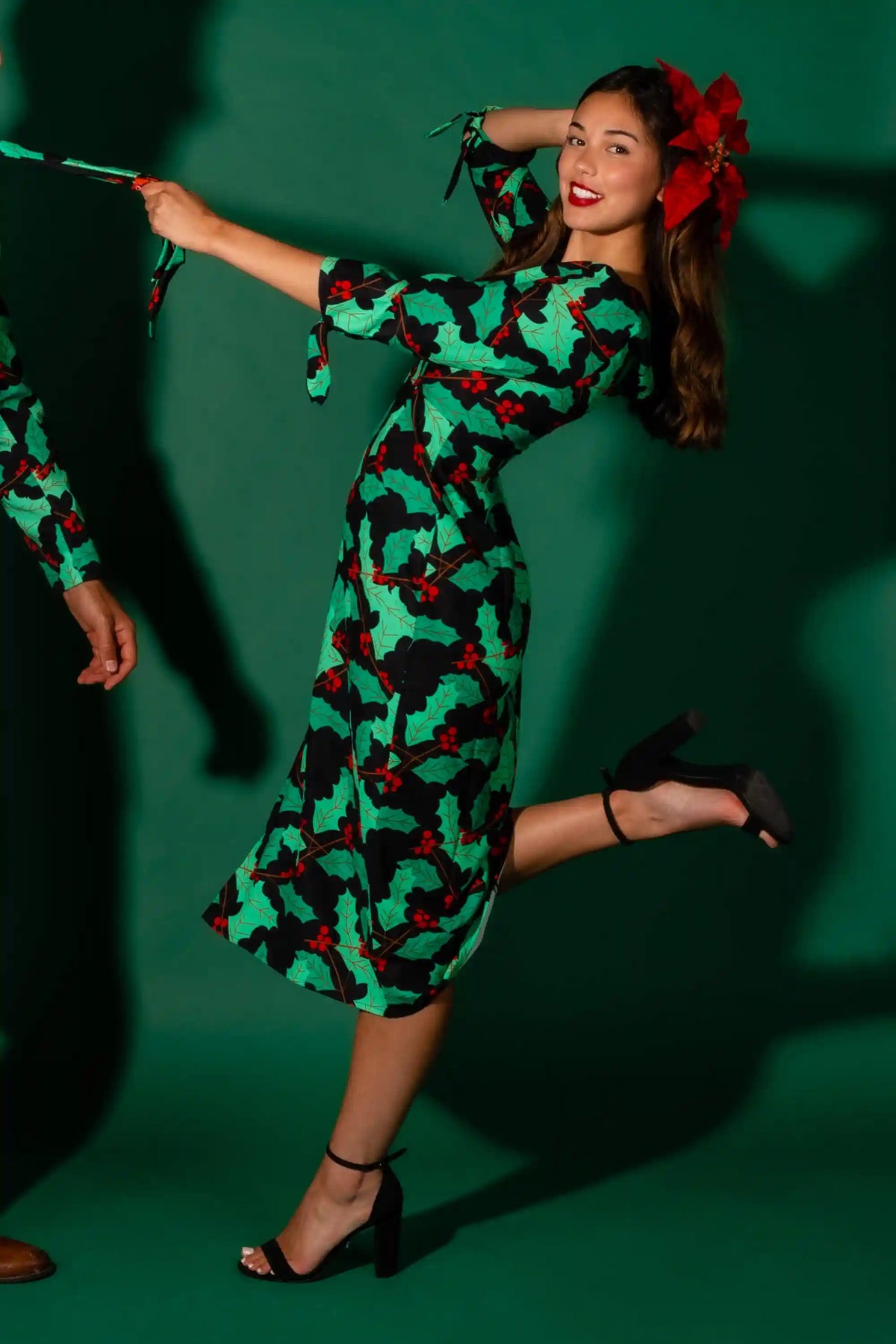 The Deck Yourselves | Holly Pattern Midi Formal Christmas Dress