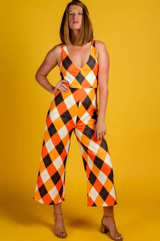 The After Nap Delights | Thanksgiving Orange Plaid Jumpsuit