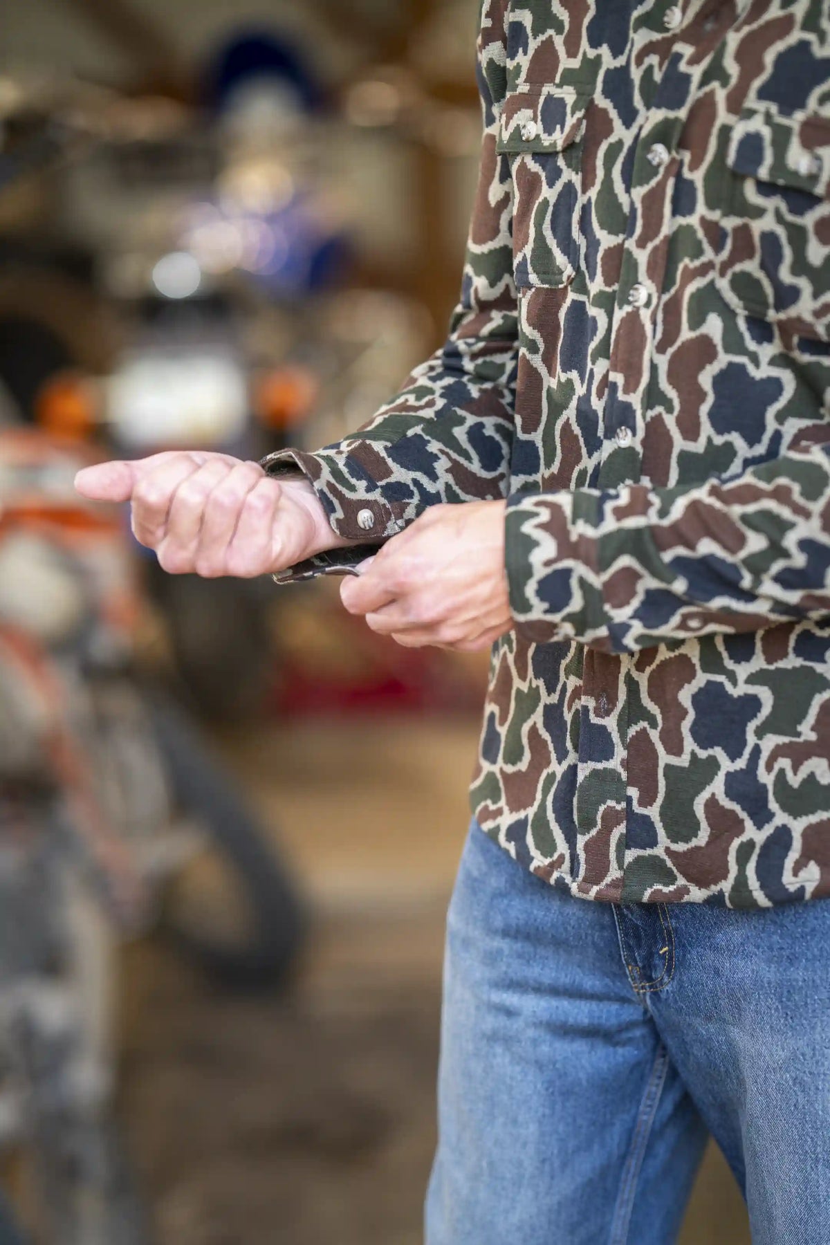 The Blender | Grey Duck Camo Chinchilla Soft™ Long Sleeve Stretch Button Up Shirt