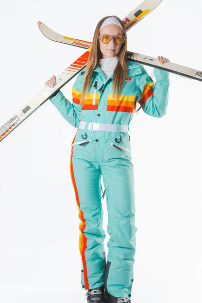 The Midday Aprés | Teal and Orange Retro Stripe Women's One Piece Ski Suit