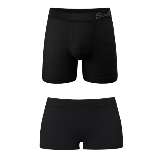 The Threat Level Midnight | Black Boyshort and Ball Hammock® Boxer With Fly Matching Couples Underwear Pack