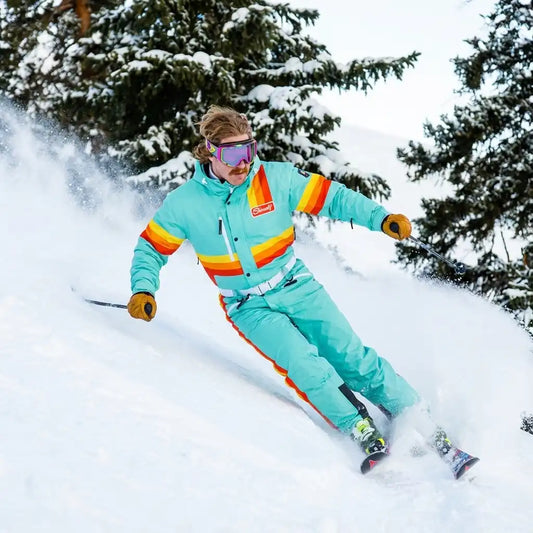 The Midday Aprés | Teal and Orange Retro Stripe One Piece Ski Suit