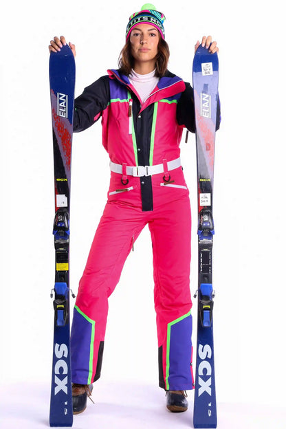 The Gnar Shredder | Coral And Black RetroWomen's One Piece Ski Suit