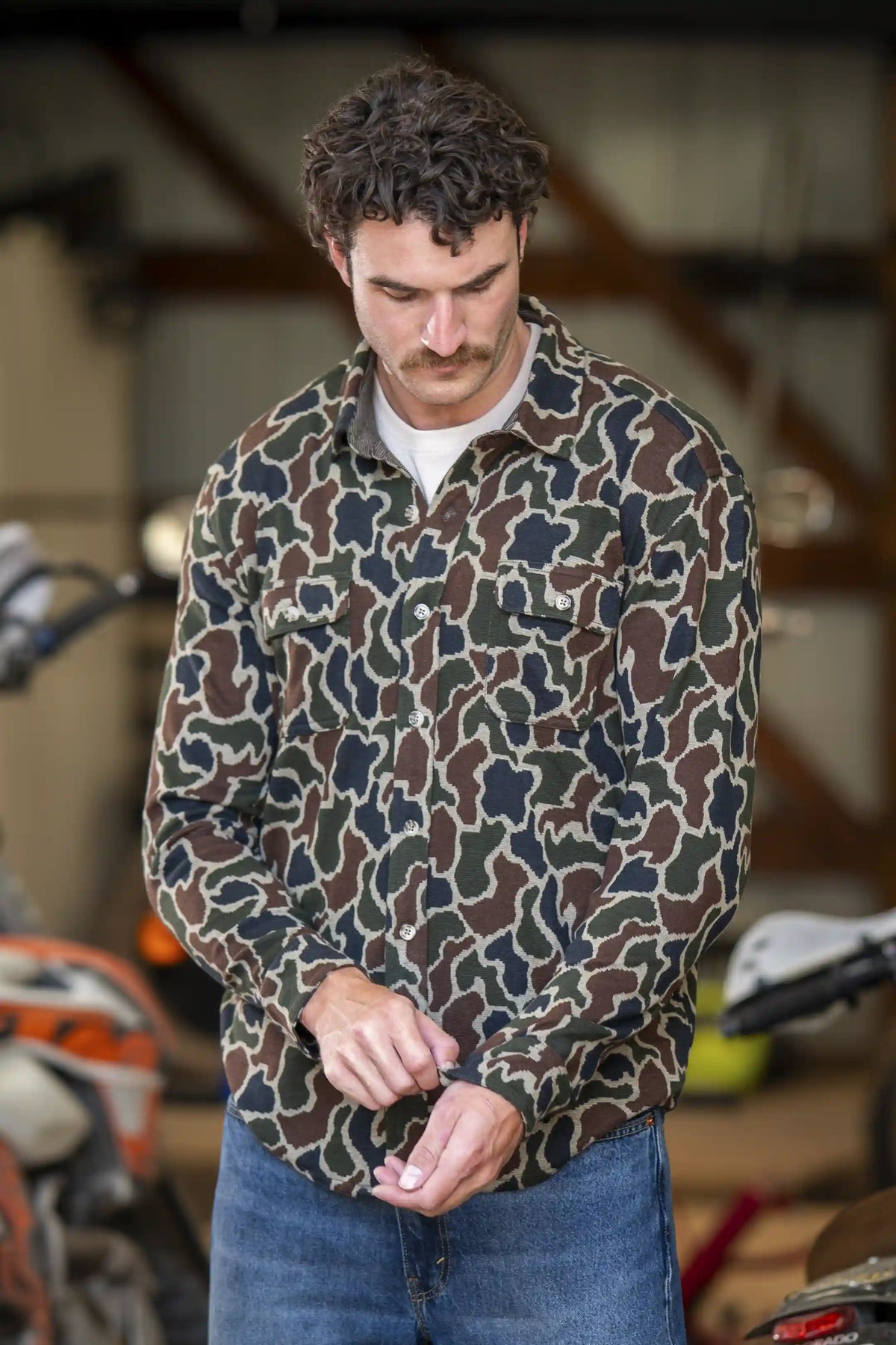 The Blender | Grey Duck Camo Chinchilla Soft™ Long Sleeve Stretch Button Up Shirt