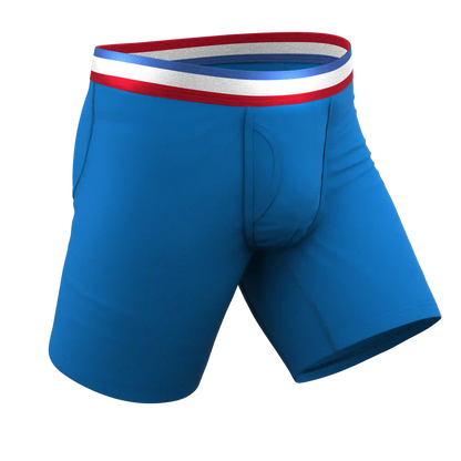 The Morning Glory | Blue with USA Waistband Ball Hammock® Boxer - Long Leg