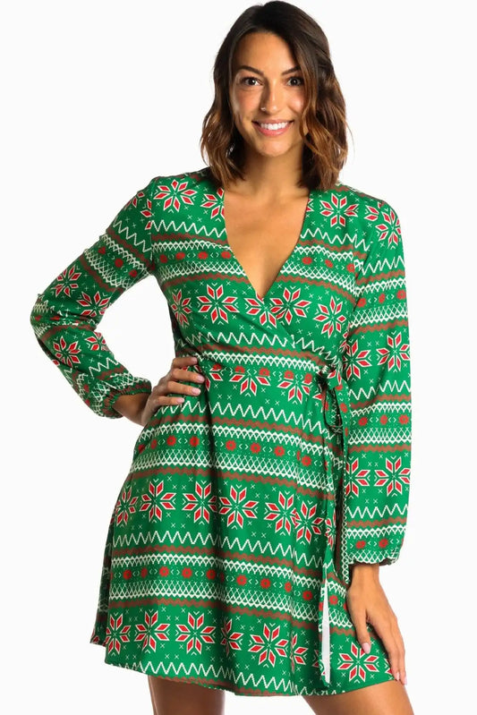 The Kris Kringle | Green Fair Isle Christmas Wrap Dress