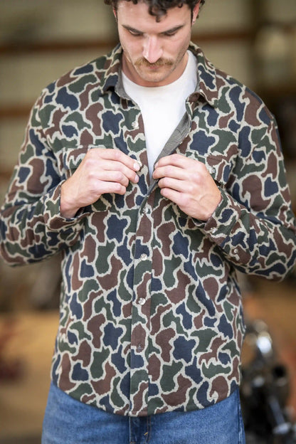 The Blender | Grey Duck Camo Chinchilla Soft™ Long Sleeve Stretch Button Up Shirt