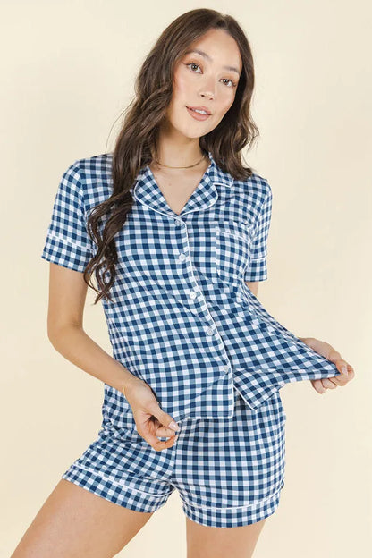The Mad for Plaid | Navy Gingham SleepDeep™ Button Down Short Pajama Set