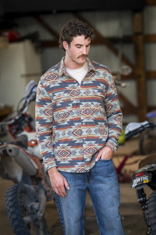 The High Desert | Blue and Orange Aztec Chinchilla Soft™ Long Sleeve Stretch Button Up Shirt