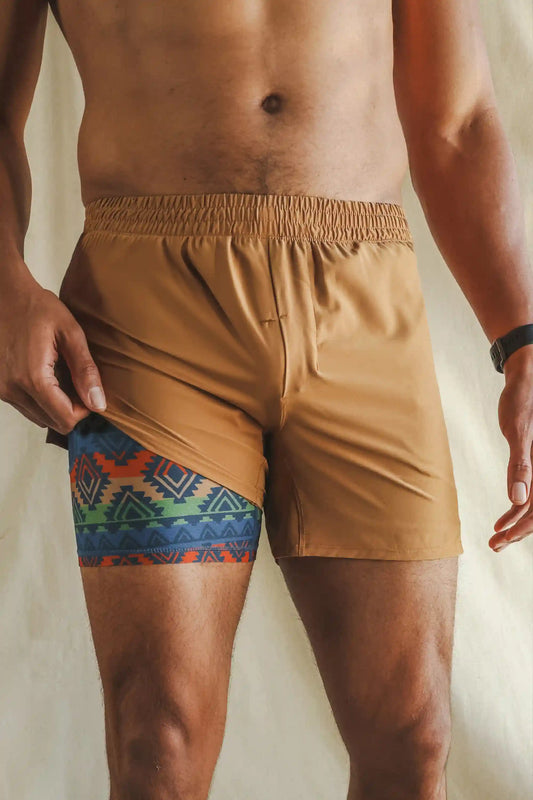 The Casual Thigh Day | Khaki Aztec Ball Hammock® 5 Inch Athletic Shorts