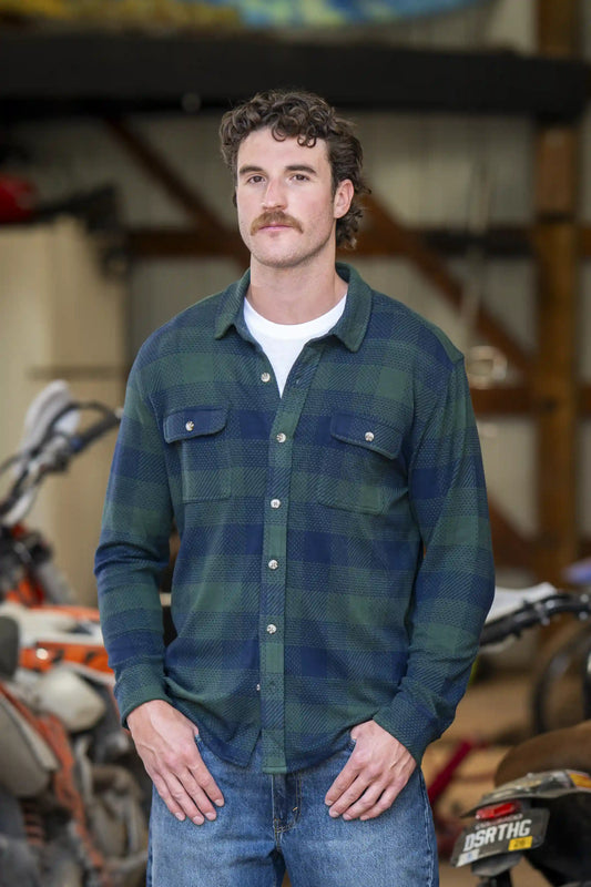 The Lowball | Navy and Green Work Plaid Chinchilla Soft™ Long Sleeve Stretch Button Up Shirt | Pre-Order | Ships early October 2026