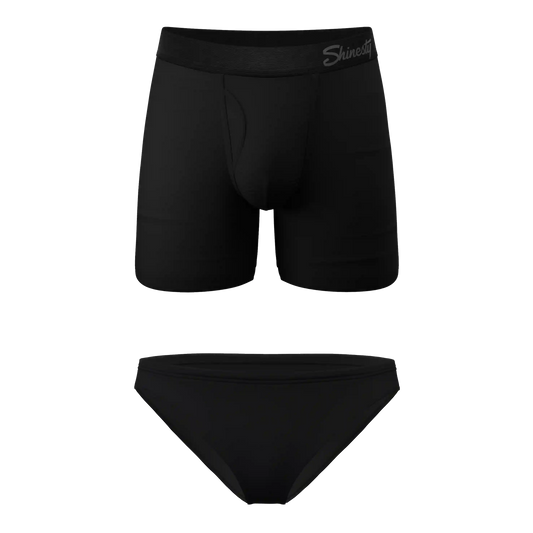 The Threat Level Midnight | Black Bikini and Ball Hammock® Boxer With Fly Matching Couples Underwear Pack