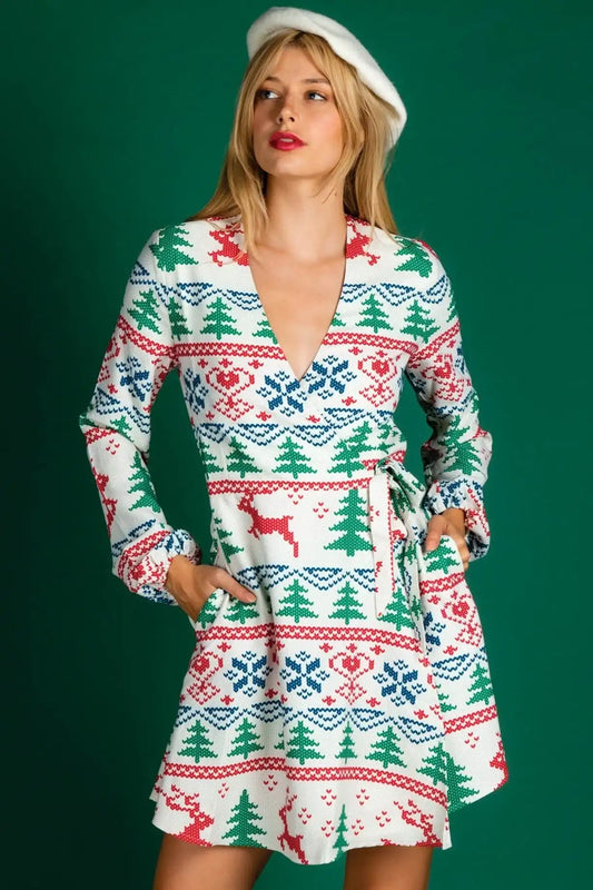 The Offly White Christmas | Fair Isle White Christmas Wrap Dress